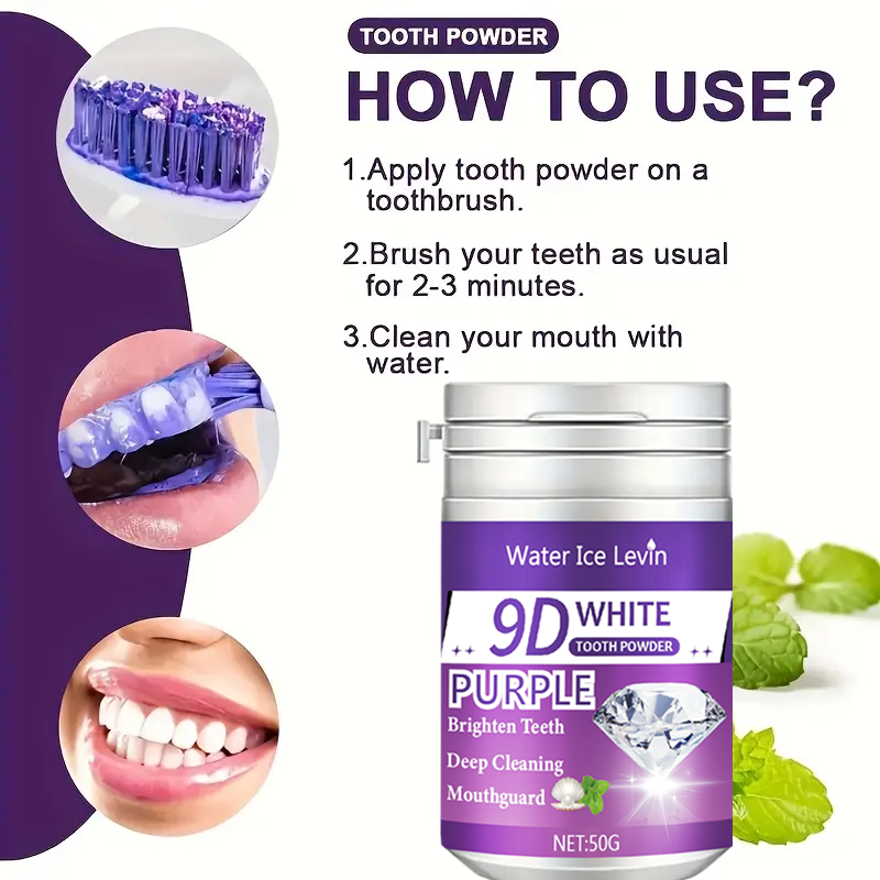 9D White Purple Toothpowder. B - đánh giá và giá Teeth Paint Whitening